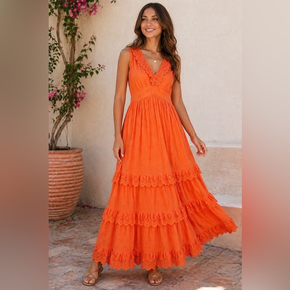 Boden Dresses & Skirts - Boden Orange Sleeveless V-Neck Tiered Maxi Dress 100% cotton Size 6